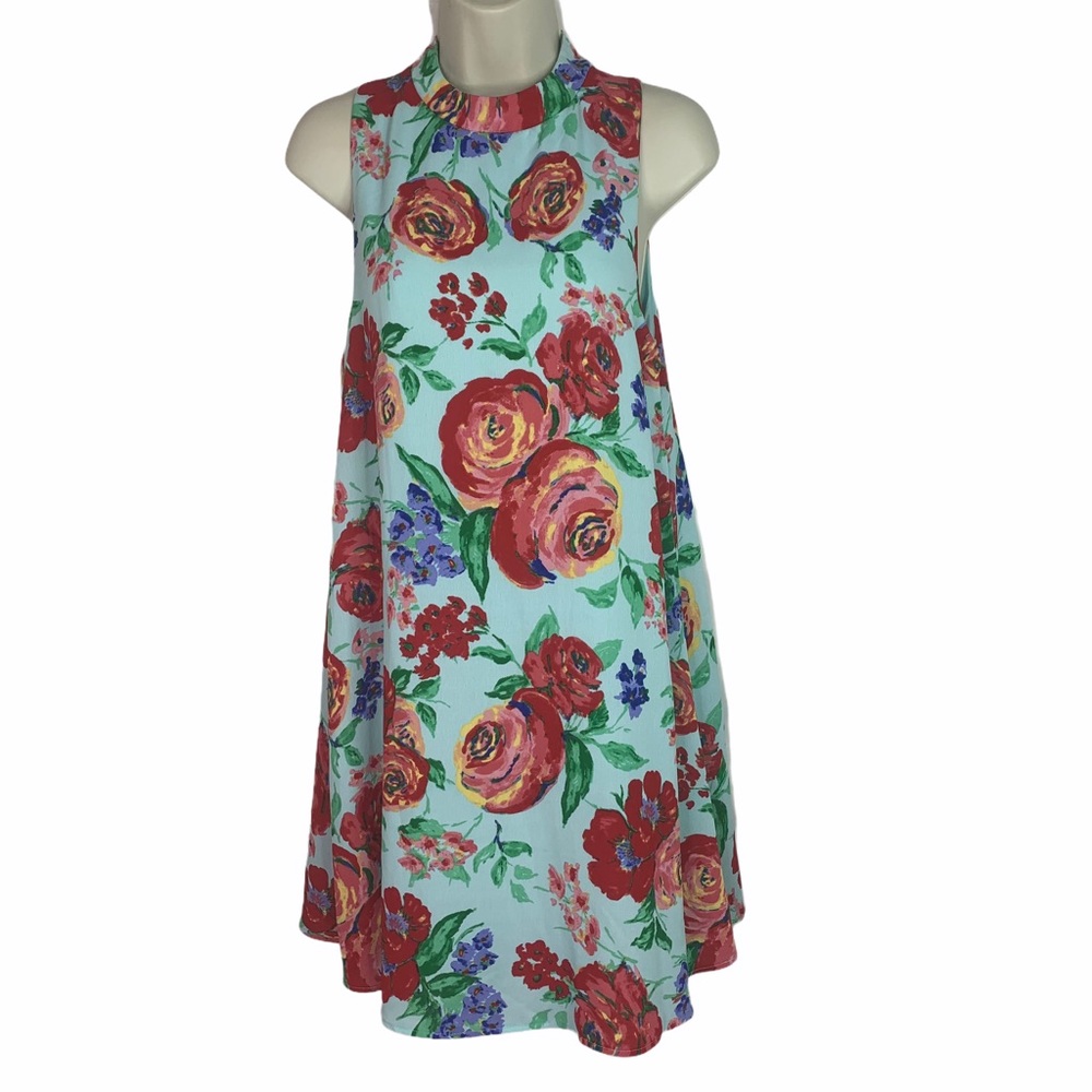Everly Blue Floral Roses High Neck Sleeveless Trapeze Shift Dress
